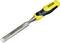 A chisel with a yellow and black handle and a metallic blade with 'Stanley' written on it.