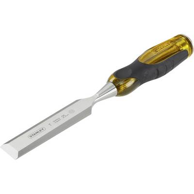 Wooden chisel with a yellow handle and metal blade, stamped with 'STANLEY'. Ideal for carving and working with wood.
