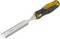 Wooden chisel with a yellow handle and metal blade, stamped with 'STANLEY'. Ideal for carving and working with wood.