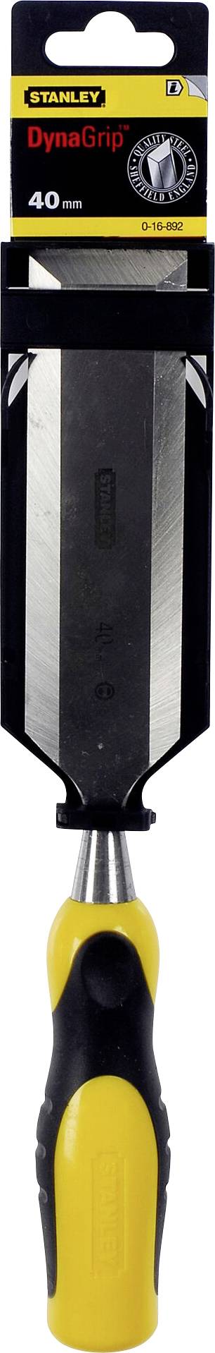 Stanley DynaGrip chisel, 40 mm, with yellow and black handle, for woodworking, presented in packaging.