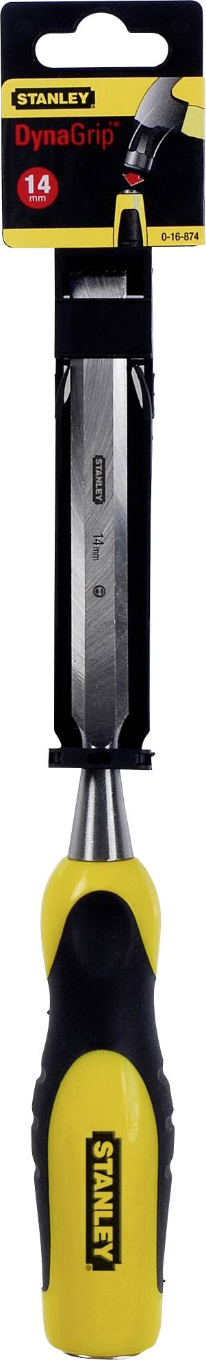 A yellow and black Stanley chisel named 'Dynagrip', 14 mm, with an ergonomic handle design for safe working.