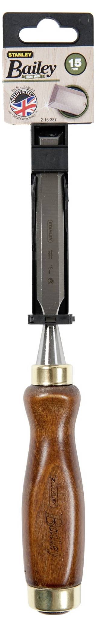 Wooden chisel with wooden handle and metal blade, packaged. 'Bailey' brand name on packaging, with Union Jack and 15mm symbol.