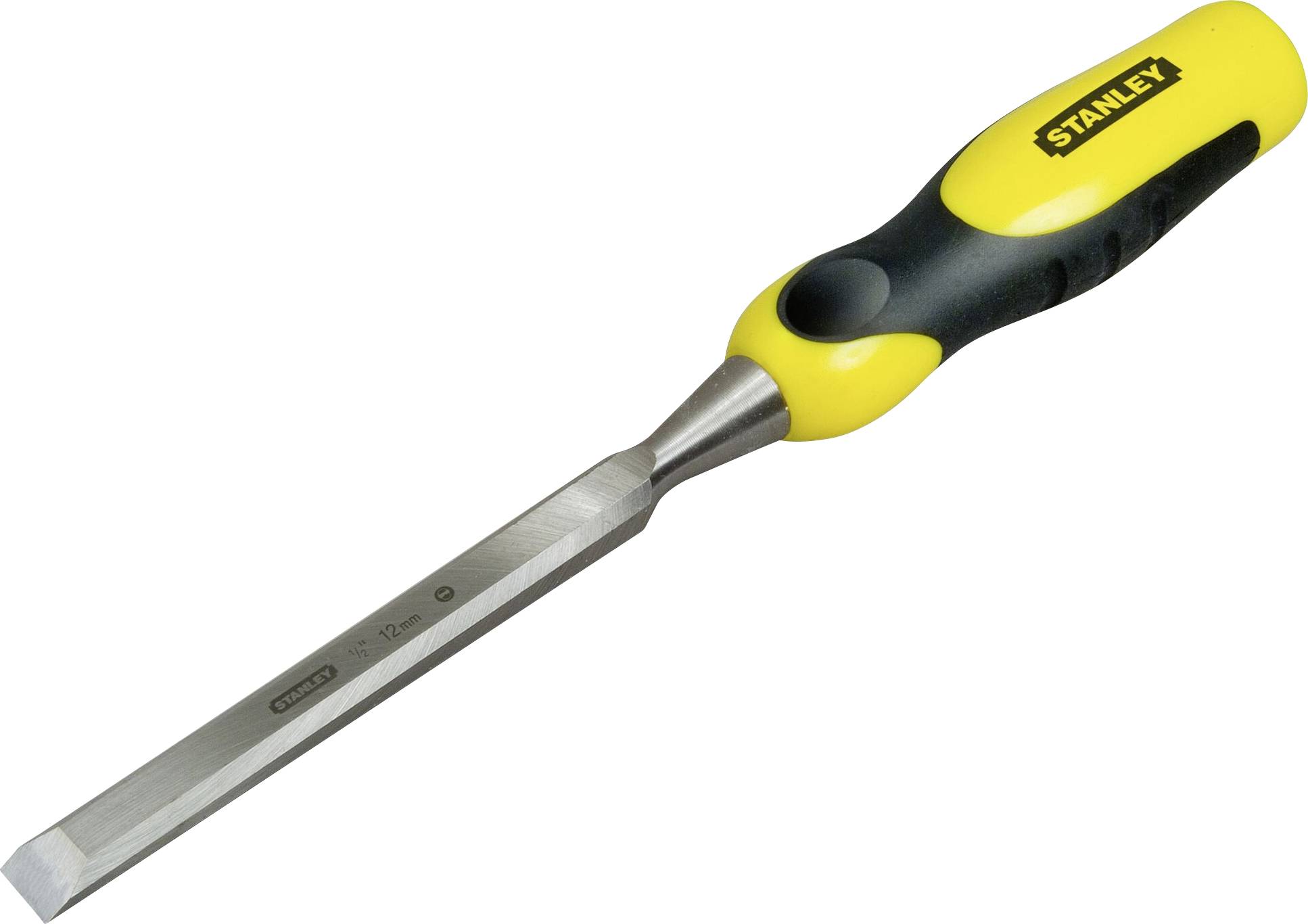 A chisel with a yellow and black handle, suitable for woodworking.