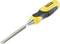 Chisel with a yellow and black handle, with the brand name 'Stanley' printed on it. Used for woodworking and carving.