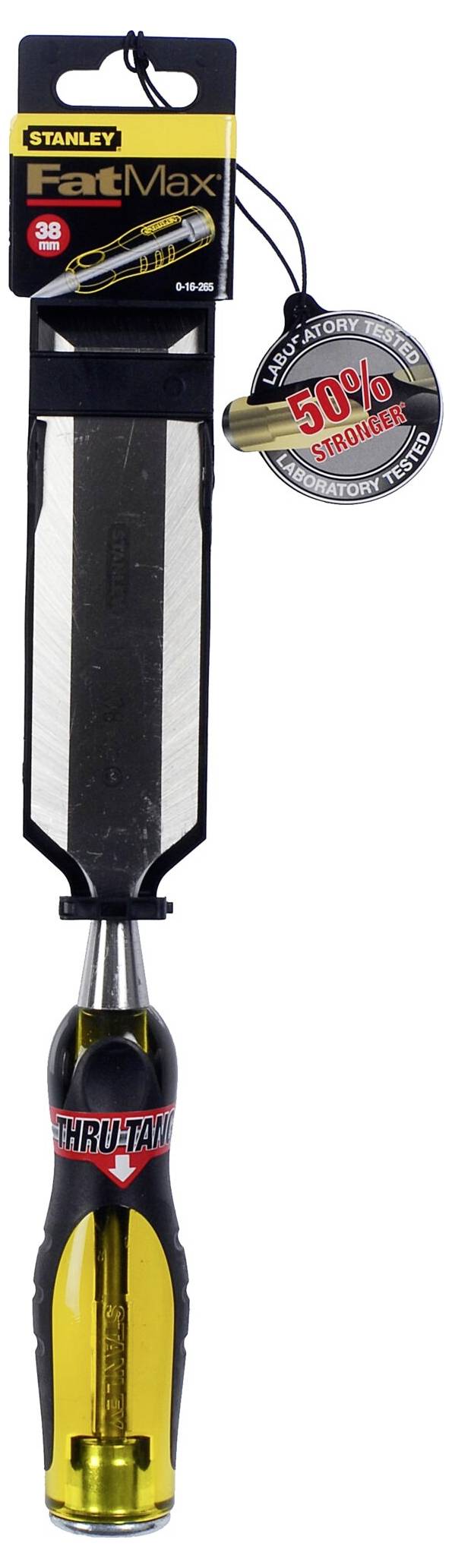 A Stanley FatMax chisel with an ergonomic handle and the inscription '50% stronger'. Tool for precise woodworking.