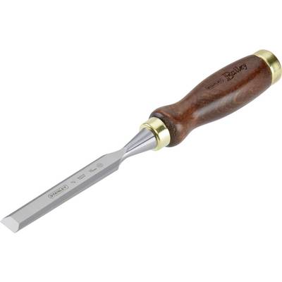 A chisel with a wooden handle, metal blade, and gold-coloured elements. The tool is suitable for woodworking.