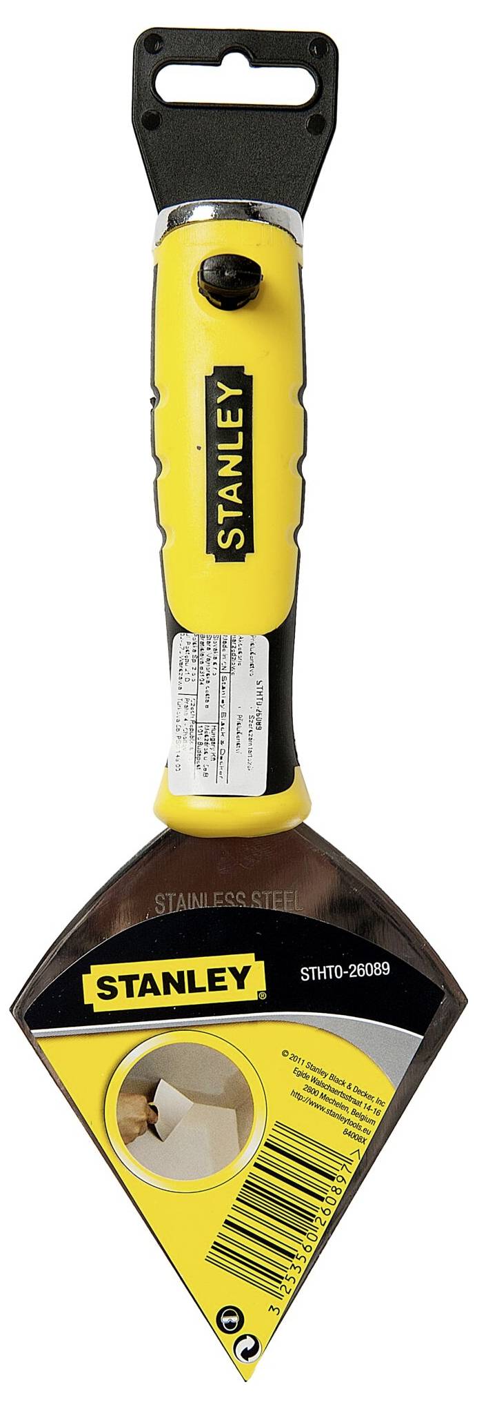 Putty knife with yellow handle, 'Stanley' brand. Suitable for paint and wallpaper. Packaging demonstrates application for paint removal.