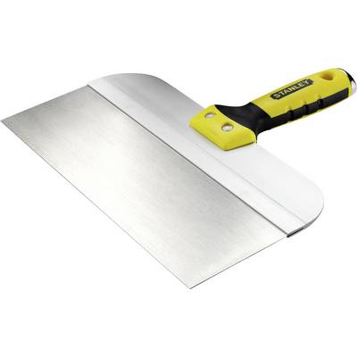 Wide plastering tool with a yellow and black handle. Used for spreading materials such as plaster or filler.