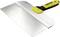 Wide plastering tool with a yellow and black handle. Used for spreading materials such as plaster or filler.