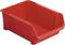 Red plastic storage box with open front for storing small parts.