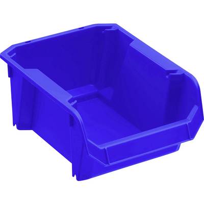 Blue plastic container with open access at the front, suitable for storing and organising smaller items.