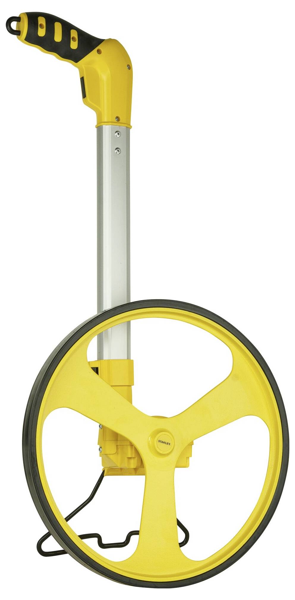 A yellow measuring wheel with a black handle and large measuring disc, used for measuring distances and lengths.
