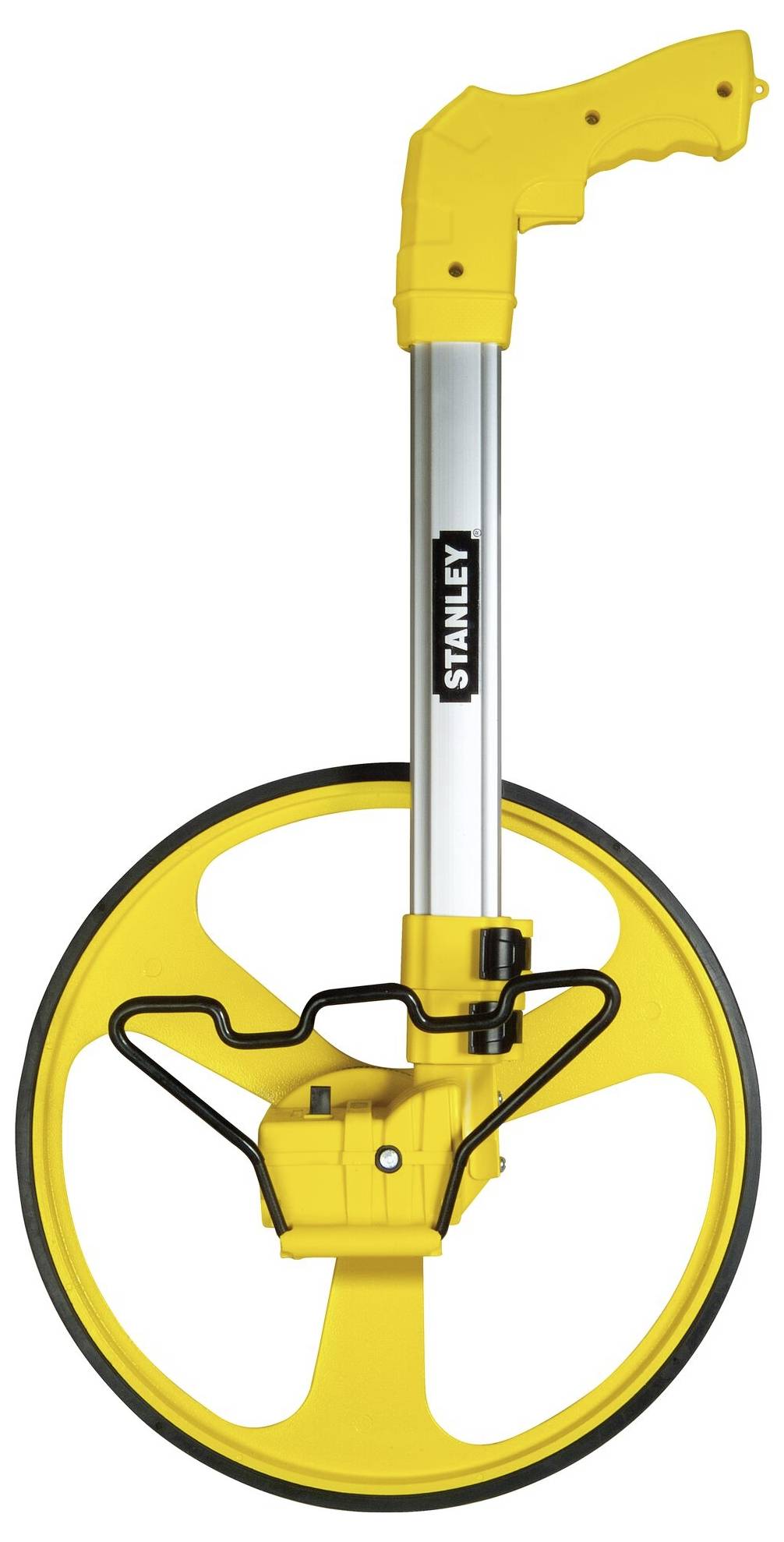 A yellow measuring tape with an ergonomic handle and black edging. It has a metal rod with the brand name 'Stanley'.