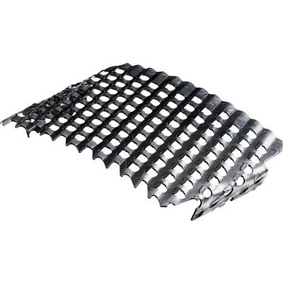 Metallic grid grating with rectangular openings, arched and glossy, likely for industrial or architectural applications.