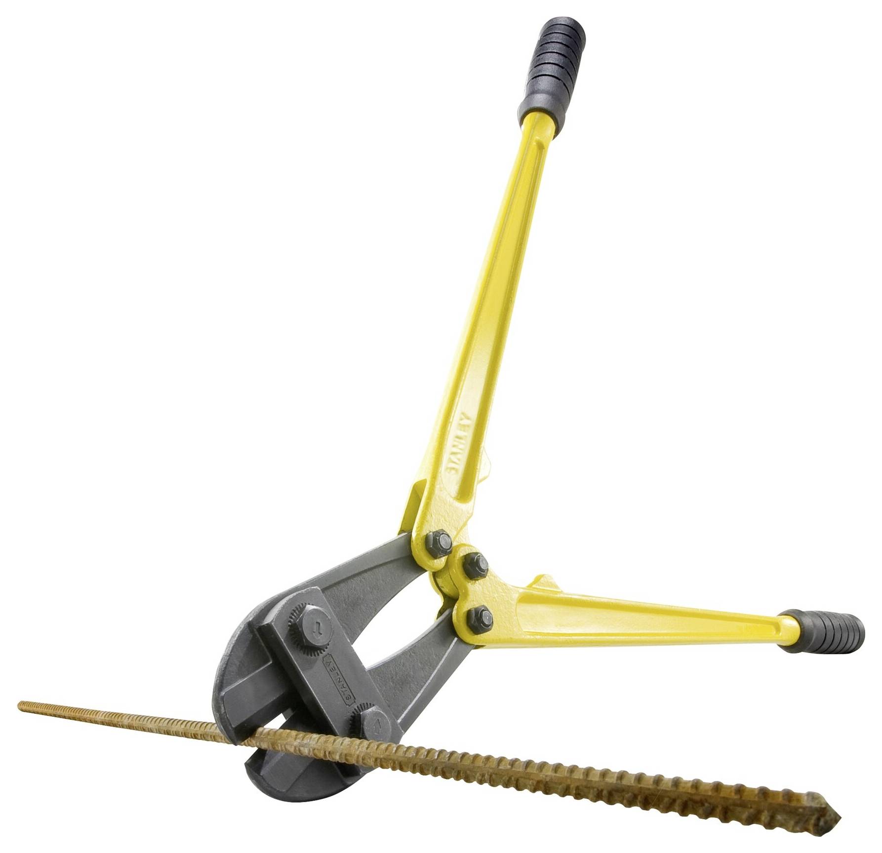 A yellow bolt cutter is cutting a rusty metal rod. The tool is lying on a white background.