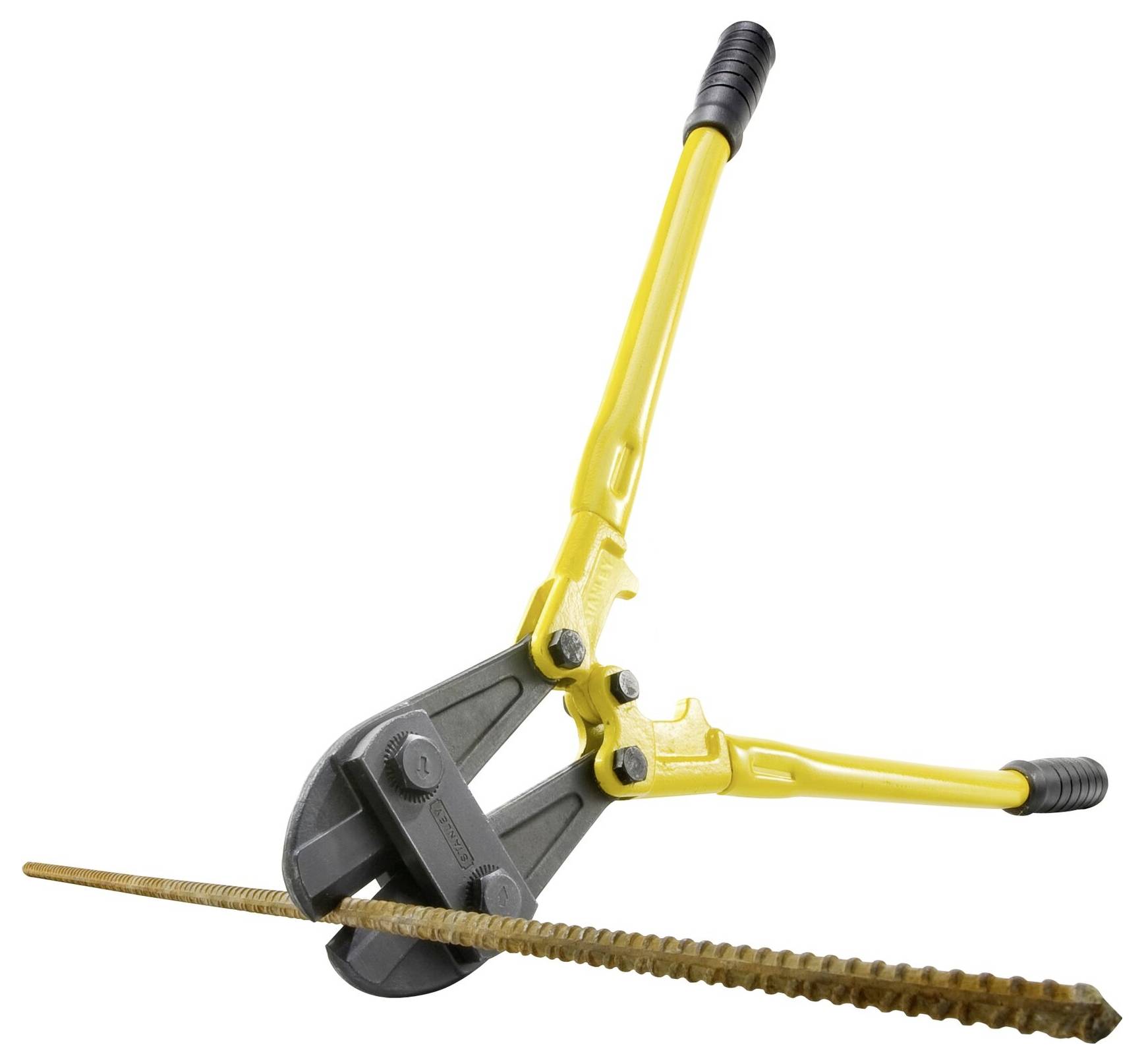 Bolt cutters with yellow handles cutting a thick metal rod. Tool designed for cutting through metal bars and wires.