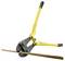 Bolt cutters with yellow handles cutting a thick metal rod. Tool designed for cutting through metal bars and wires.