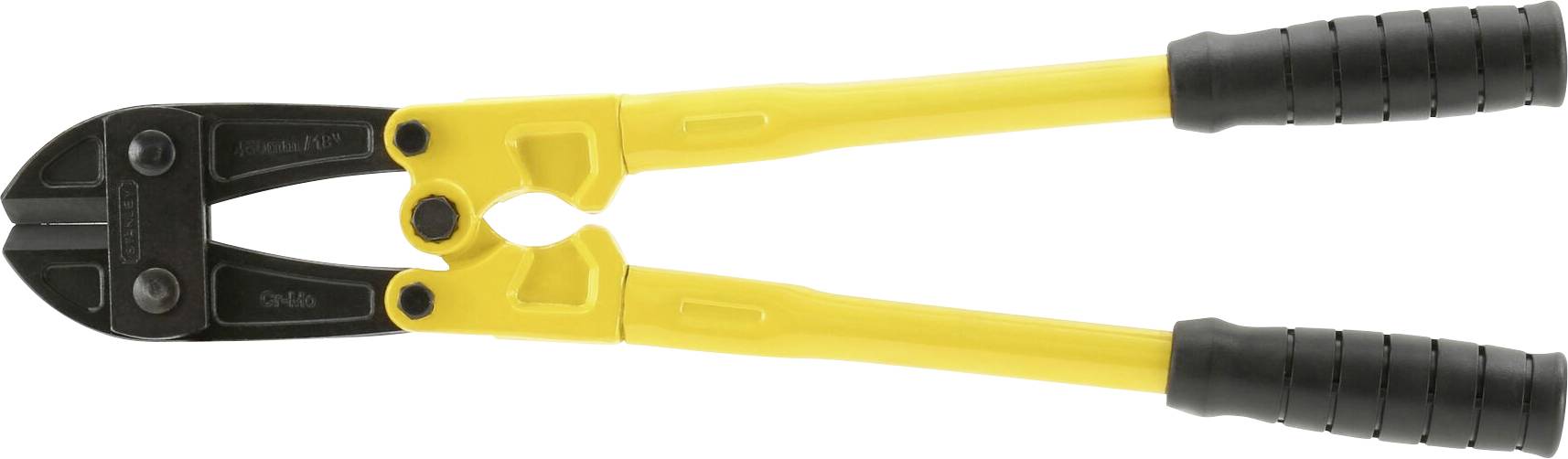 Wire cutters with yellow handles and black cutting blades, used for cutting through strong metal parts such as bolts or chains.