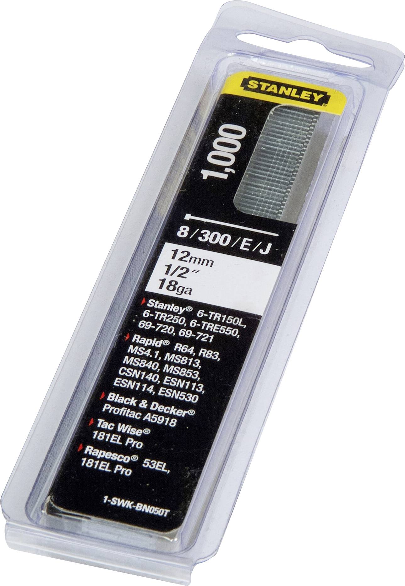 'Pack of silver staples by Stanley, 1,000 pieces, 12 mm, 18 ga. Compatible with various stapler models.'