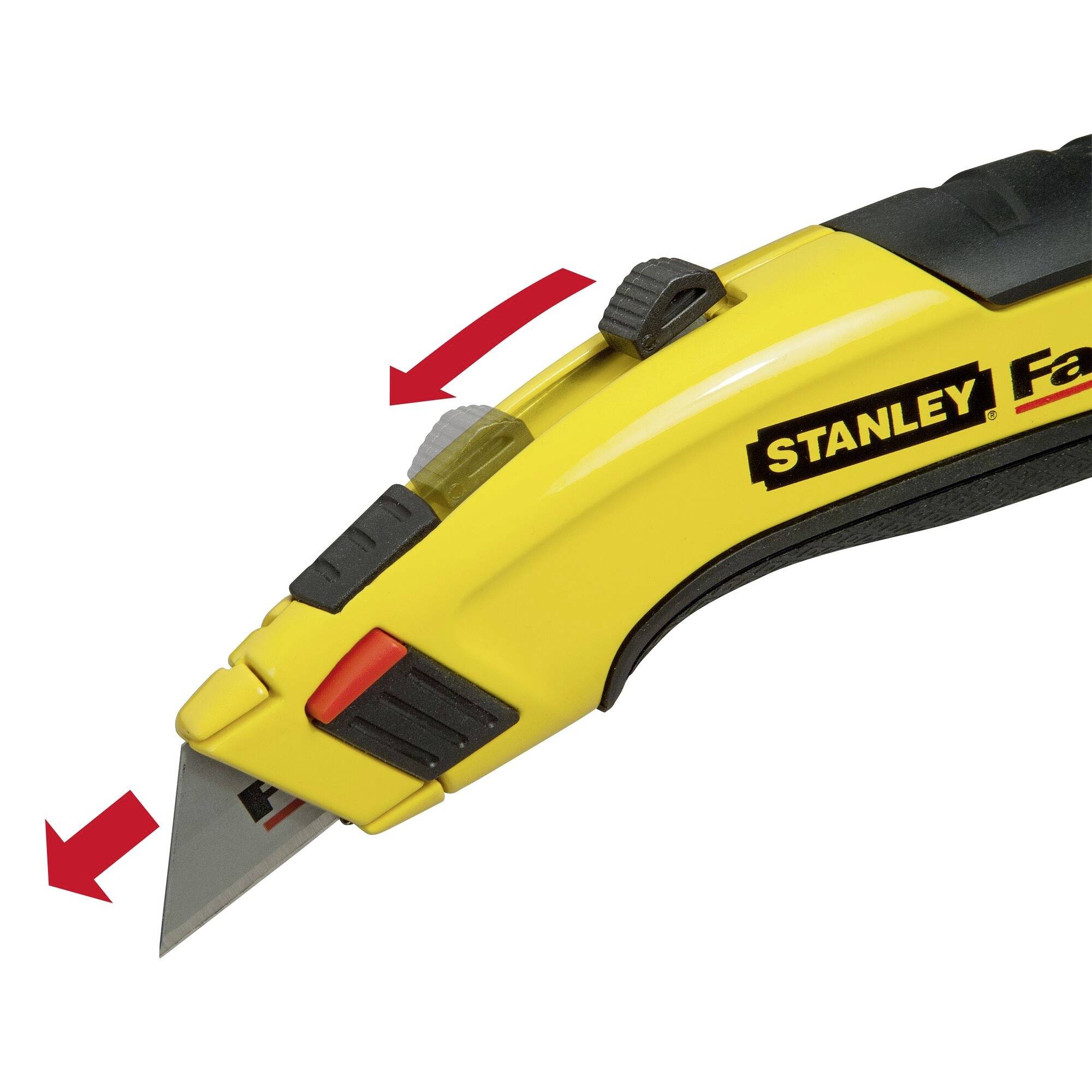 Yellow and black utility knife with retracted blade, red sliding blade guide. Brand name visible.