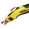 Yellow and black utility knife with retracted blade, red sliding blade guide. Brand name visible.