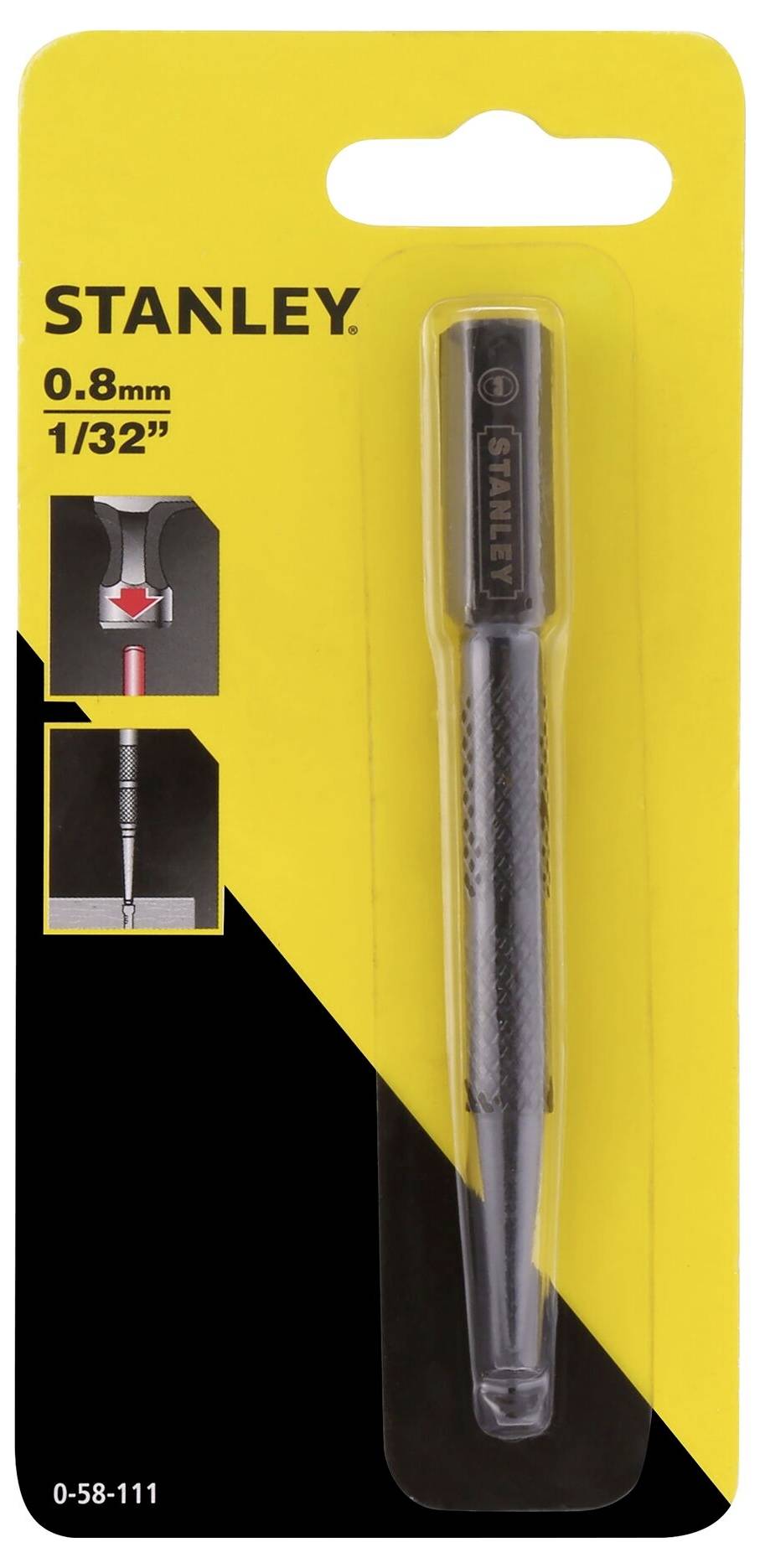 A black 0.8 mm STANLEY centre punch in a yellow blister pack. A diagram of the tool in use is shown in the bottom left.