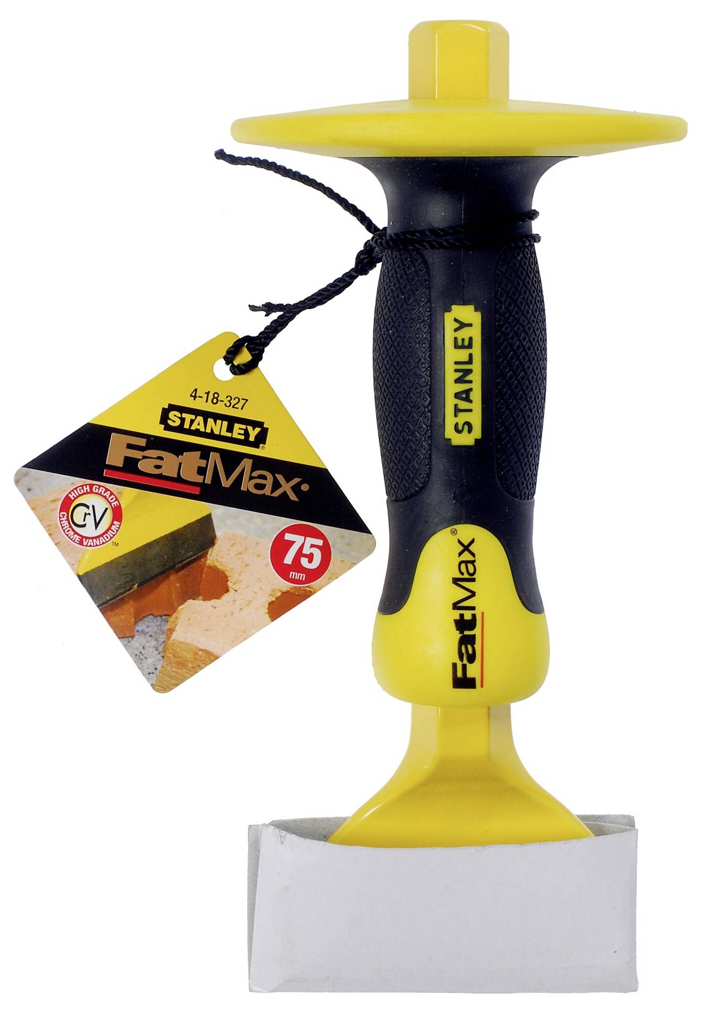 Hand chisel with a yellow, ergonomic handle and black shaft. Label with product information and 'Stanley FatMax' brand affixed.