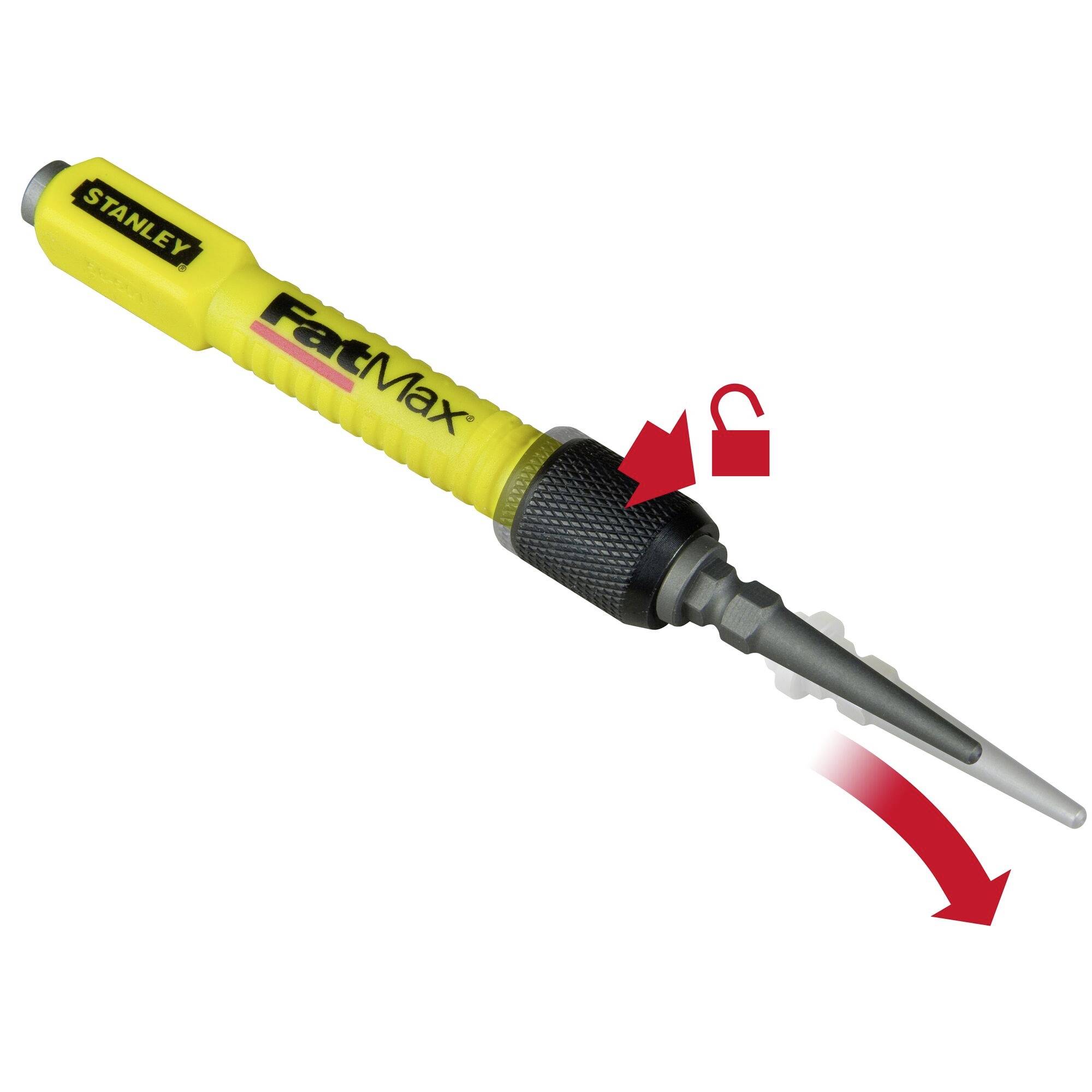 A yellow and black Stanley FatMax screwdriver with a special mechanism for locking and unlocking the tip.