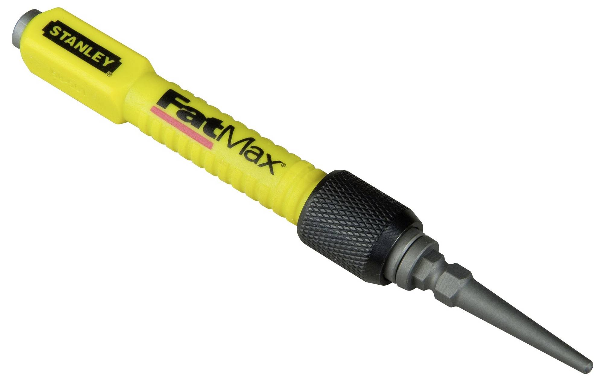 Yellow hand tool with a black handle, bearing the inscriptions 'STANLEY' and 'FatMax', with a pointed shaft. Used for precise work.