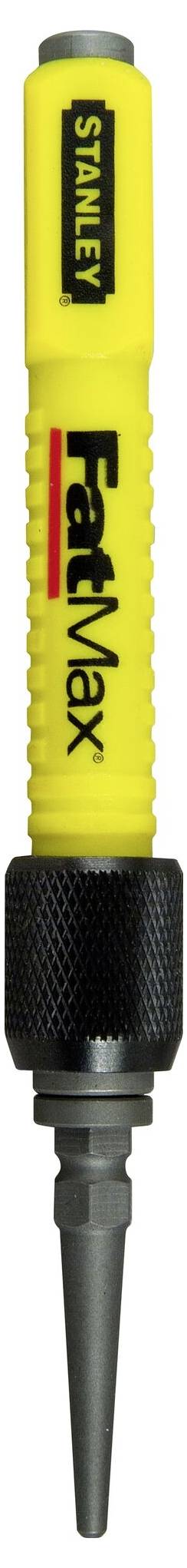 Yellow cutting tool handle with a black non-slip insert, with the brand name 'Stanley FatMax' printed on it, metal tip at the bottom.