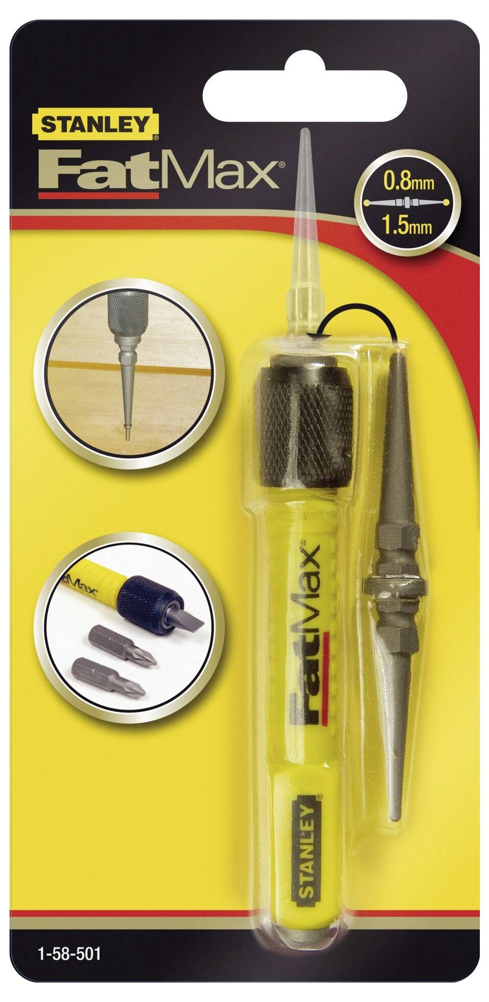 Packaging of a Stanley FatMax precision screwdriver set with yellow handle, interchangeable tips and cases.<br><br>Translation to British English:<br>Packaging of a Stanley FatMax precision screwdriver set with a yellow handle, interchangeable bits and cases.