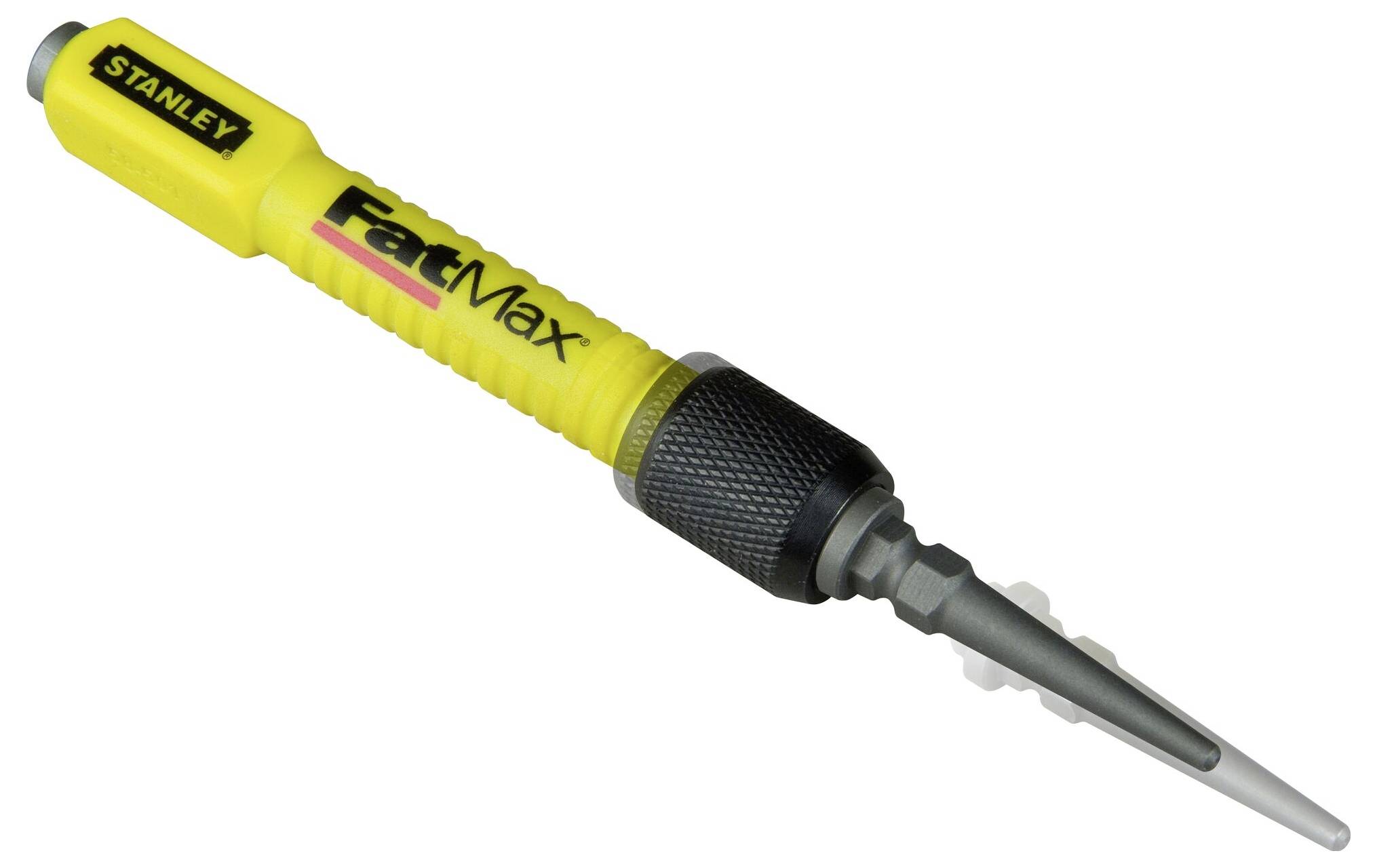 A yellow screwdriver tool with the 'Stanley FatMax' lettering; used for screw work, detailed view.