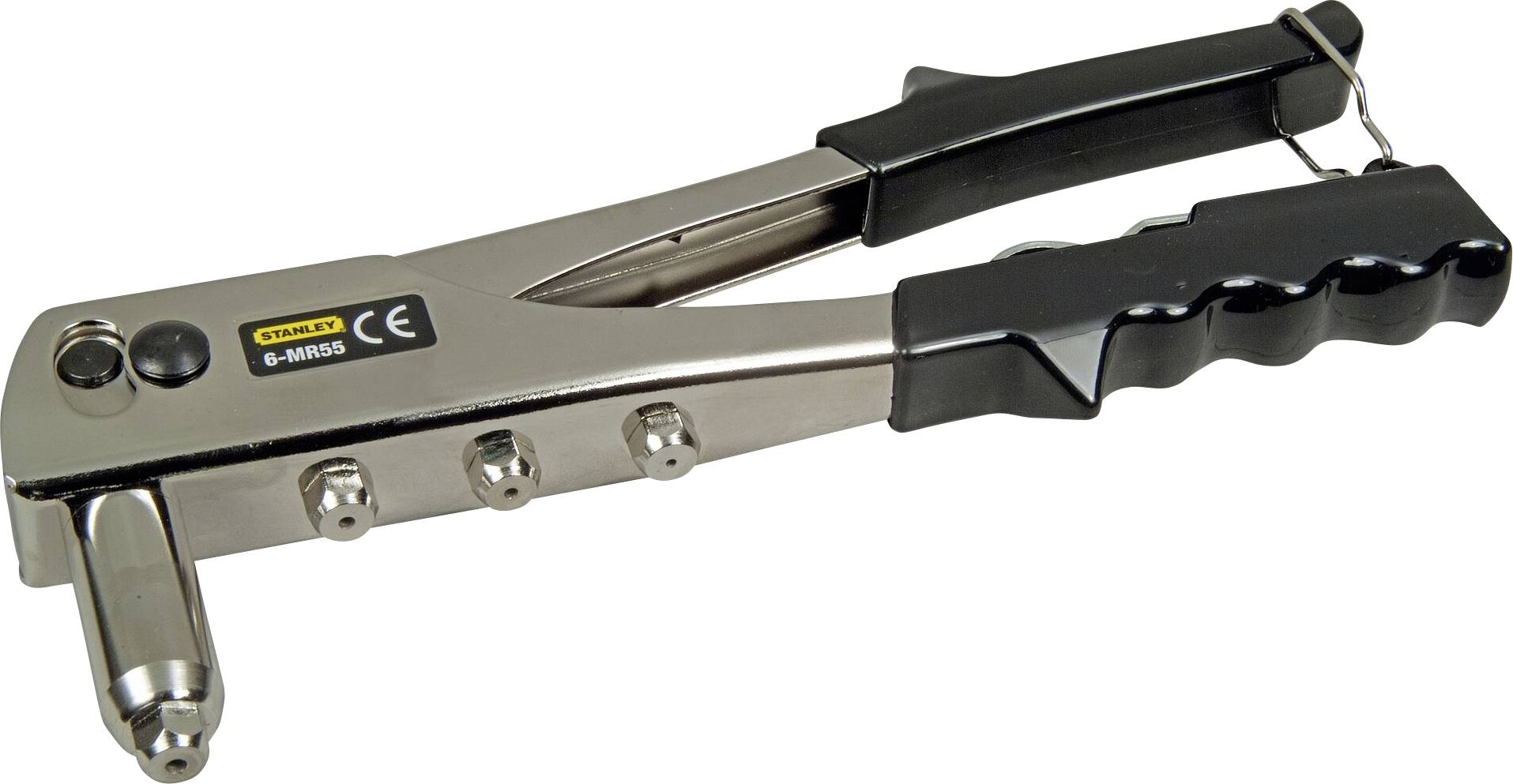 A manual riveting pliers with a black handle and three adjustable nozzles, presumably for connecting metal parts by riveting.
