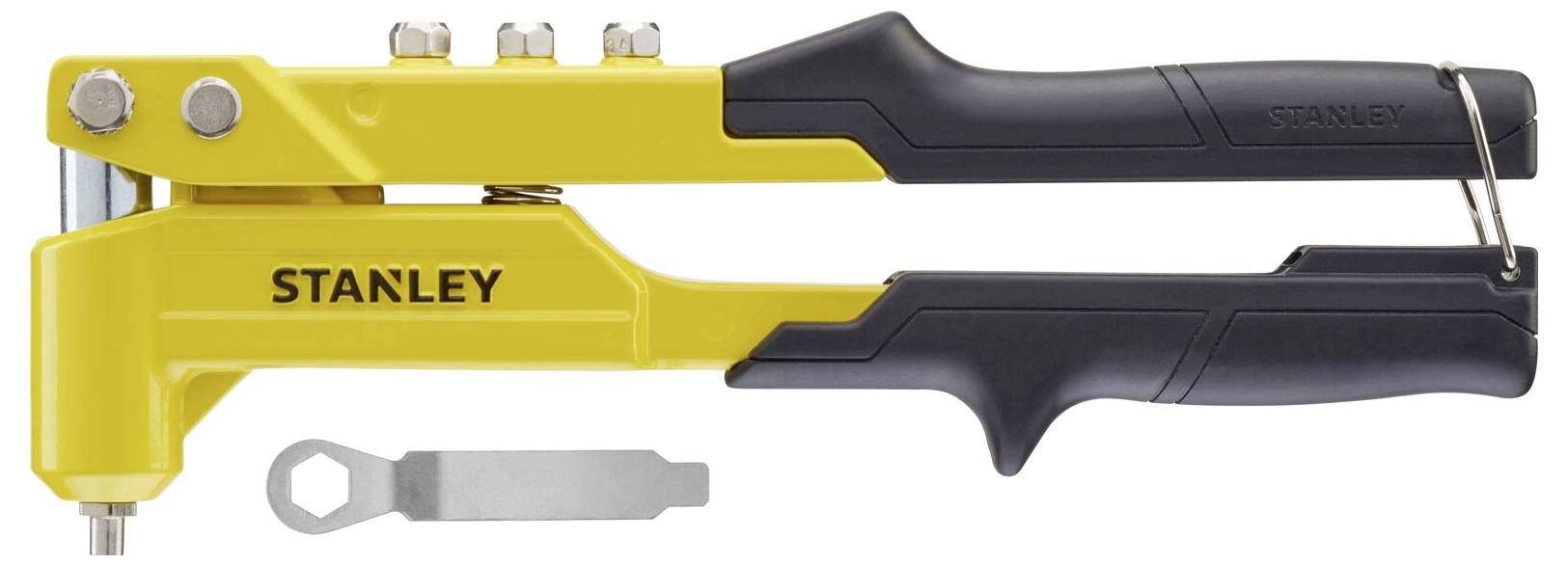 Yellow Stanley utility knife with black handle and included metal adjustment part.