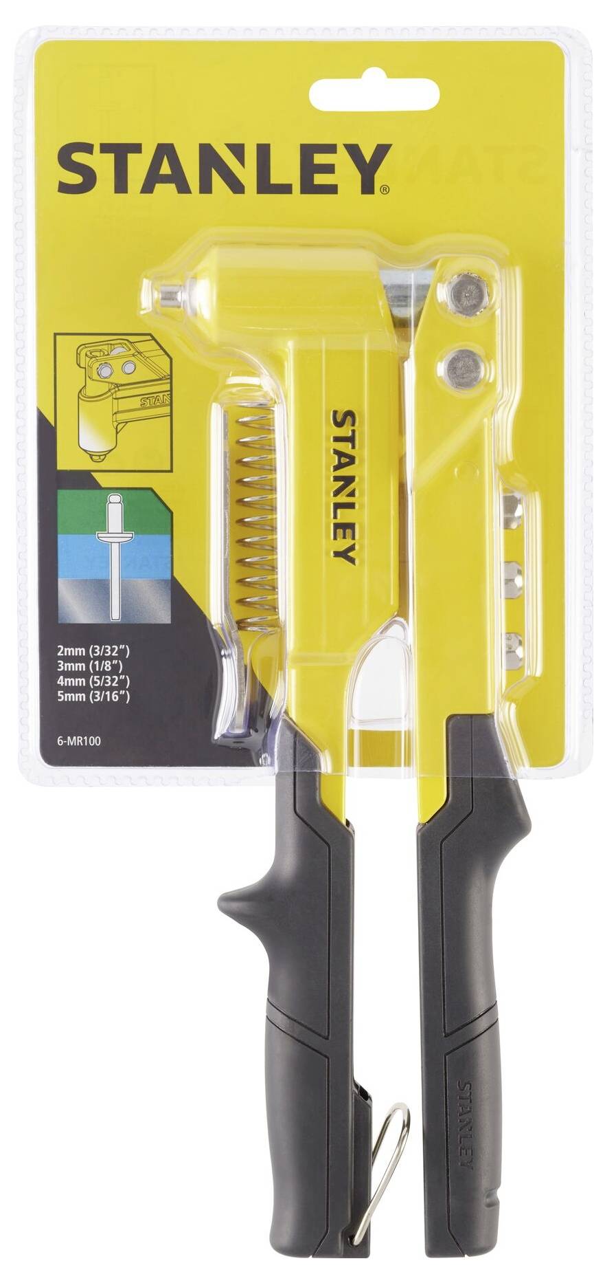 Packaged yellow and black staple gun with 'Stanley' brand. Demonstrates application options for various staple lengths.