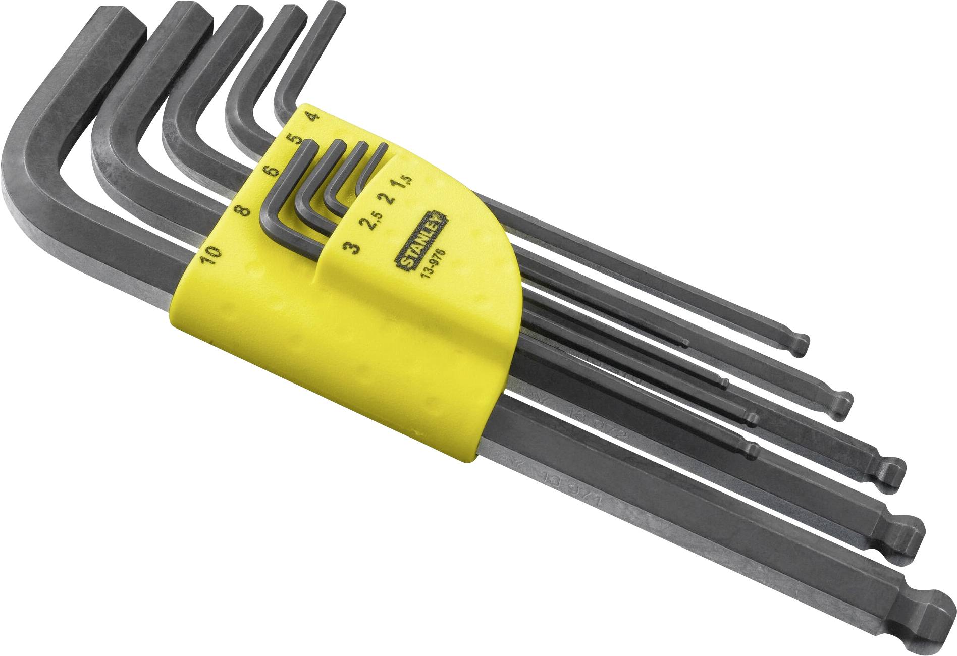 'Set of nine Allen keys in various sizes, organised in a yellow holder.'