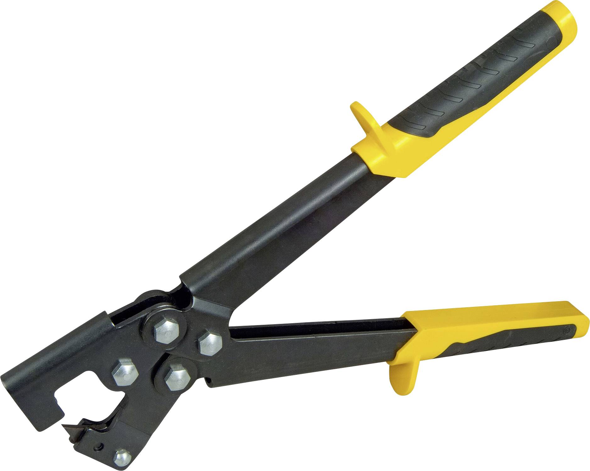 Tin snips with yellow and black handles, suitable for punching or cutting sheet metal materials.