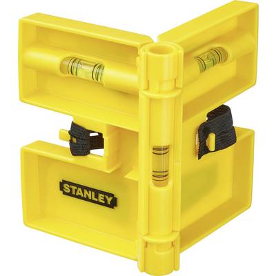 A yellow plastic angle measure with three spirit level vials and a black logo reading 'Stanley'.