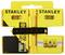 A yellow Stanley hinge with built-in spirit levels and a black band for fixing, designed for precise alignment during installation work.