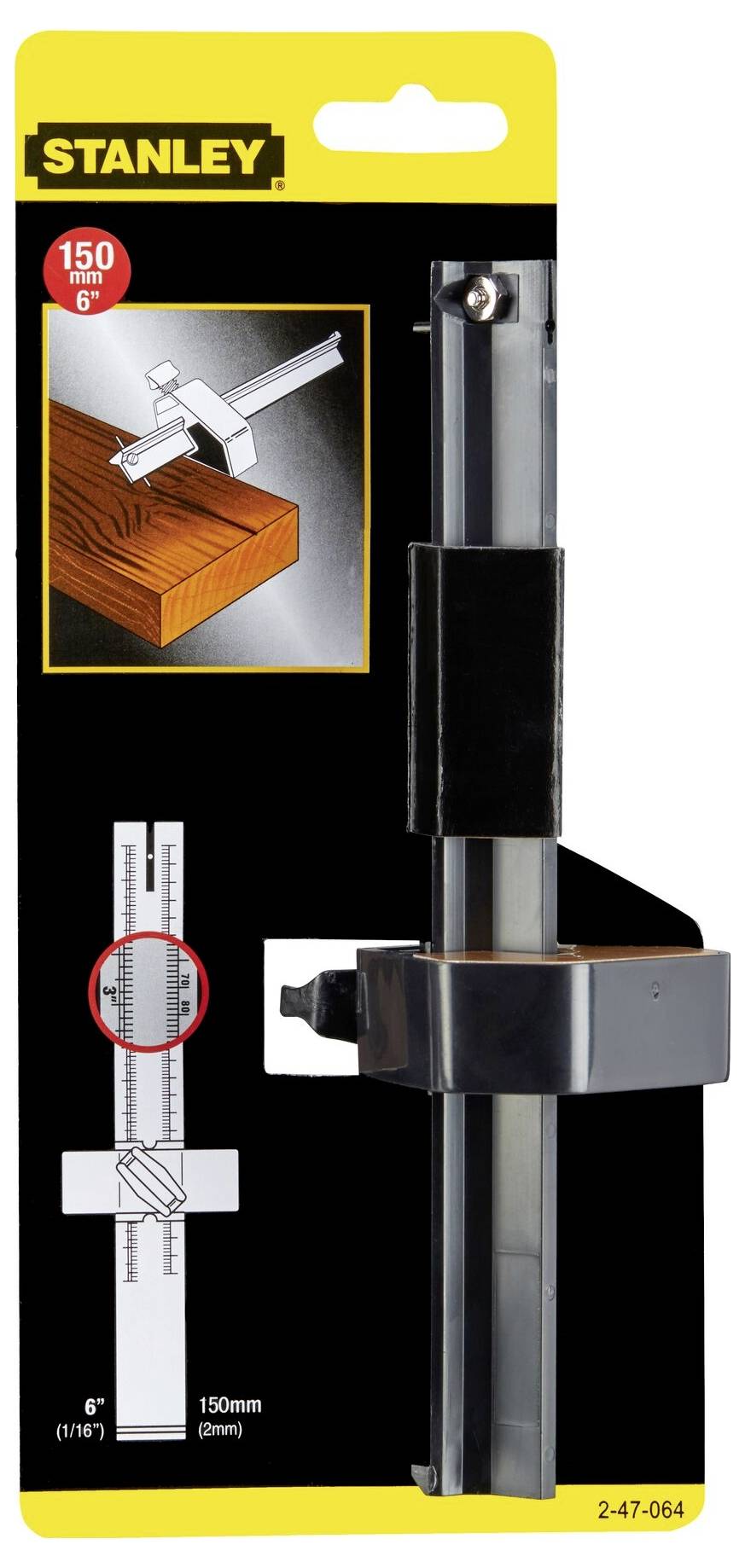 A still image of a Stanley vernier caliper in its packaging, designed for woodworking, with markings scaled in inches and millimetres.