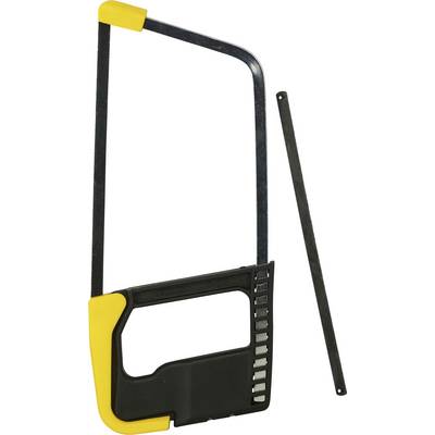 Metal saw with a yellow and black handle, with a removable saw blade beside it.
