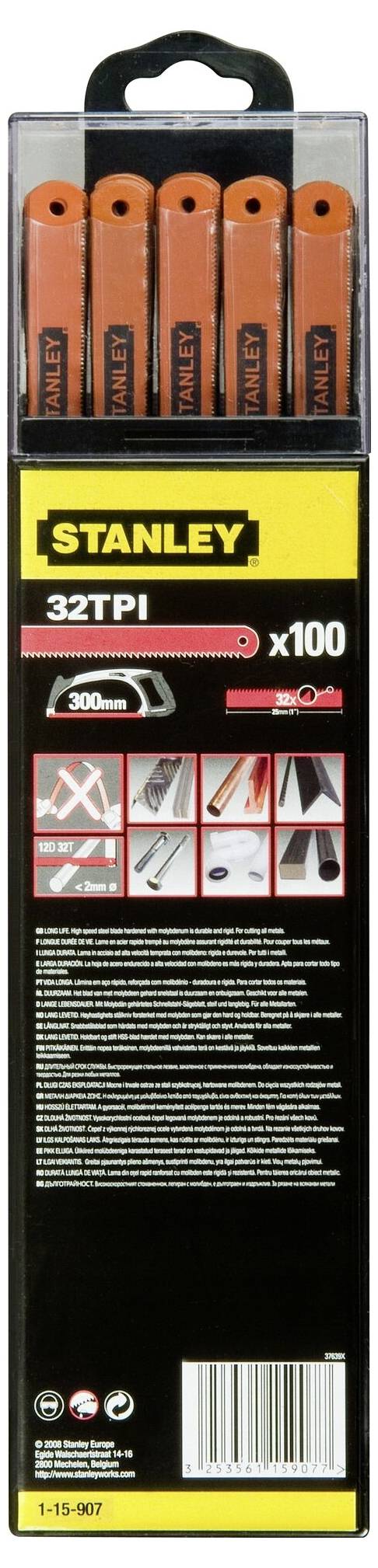 Packaging containing 100 Stanley 32 TPI metal saw blades for fine cuts; illustrated with application examples; 300mm length.