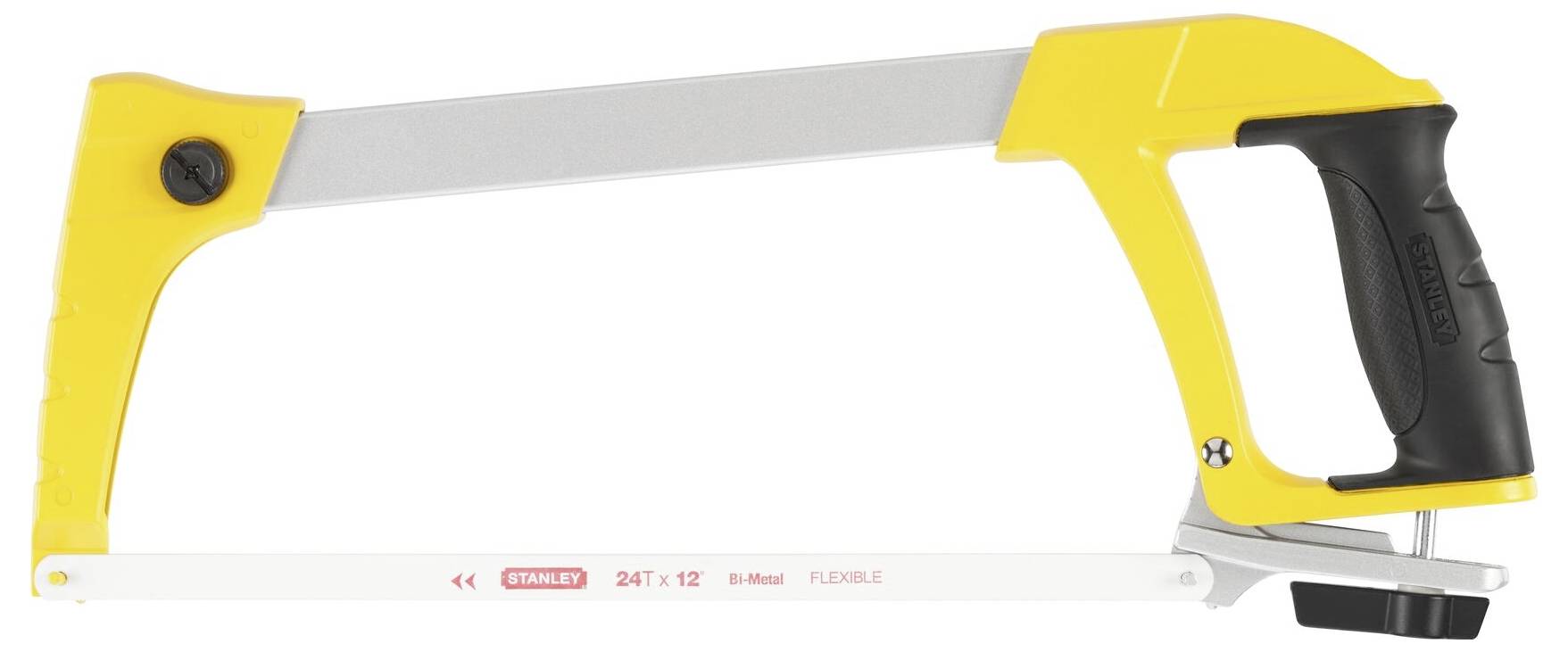 Metal saw with yellow and black handle, silver frame and white saw blade.