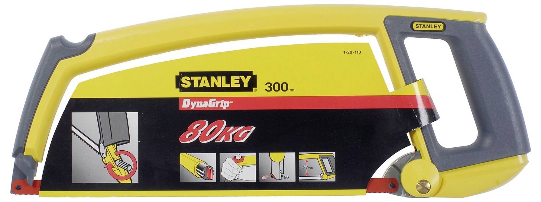 Stanley metal saw with DynaGrip and 300 mm blade length, ergonomic handle, yellow-black-grey, packaged with instructions.