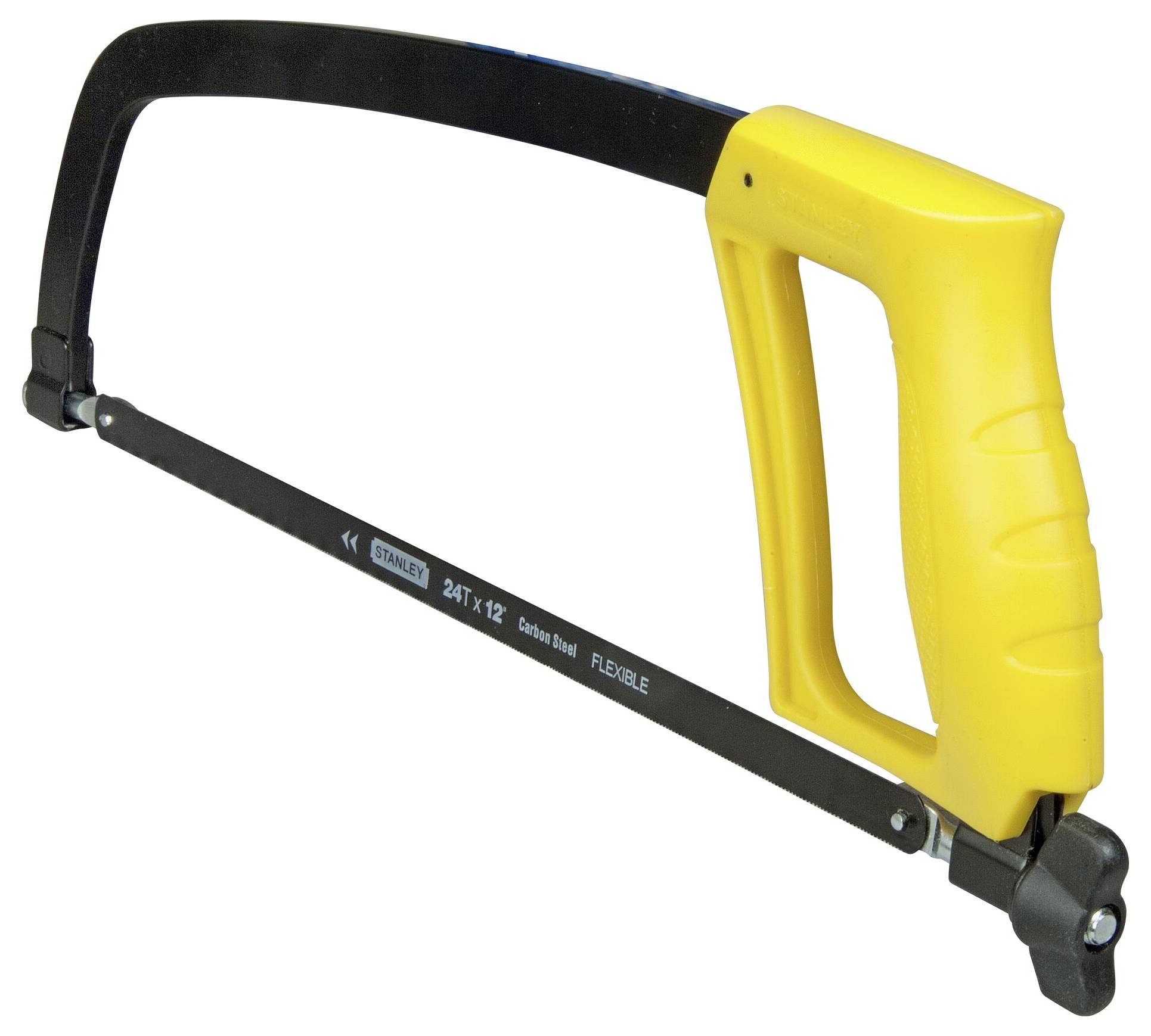 Yellow hacksaw with black saw blade, suitable for metal cutting. Ergonomic handle, used in workshop environments.