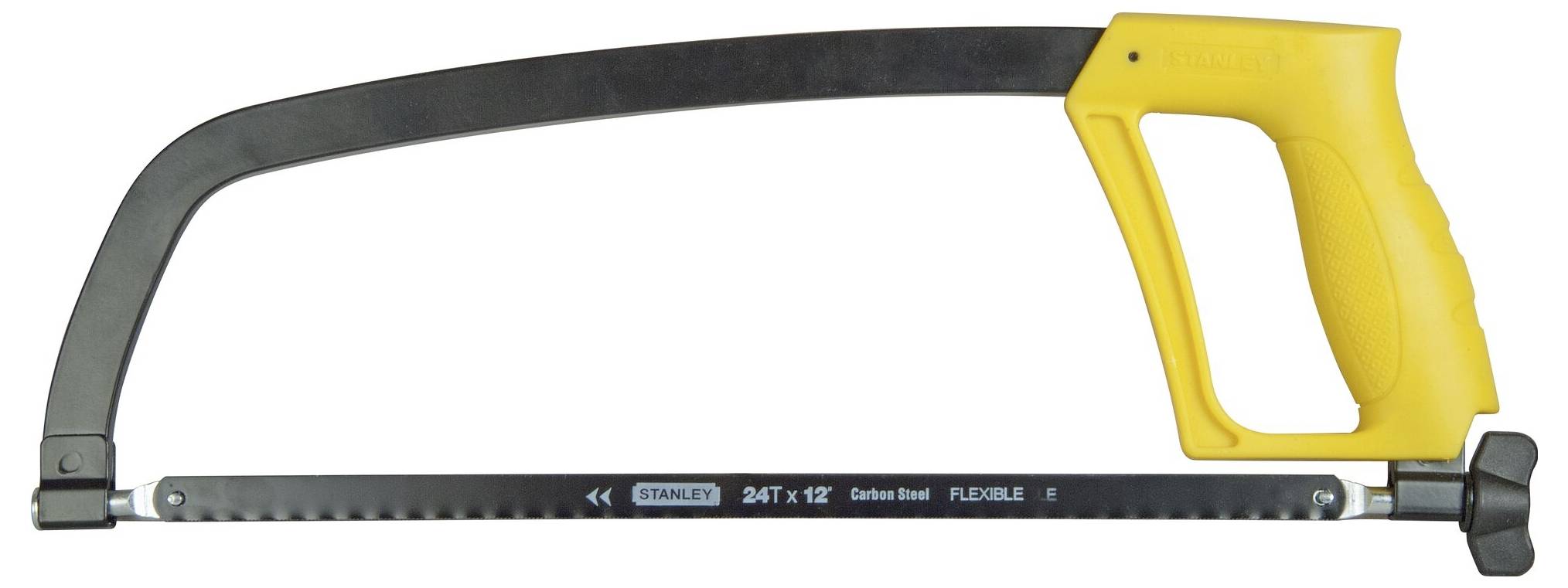 Metal saw with a yellow handle and black saw blade. It is suitable for precise cutting of metal materials, with a sturdy design.