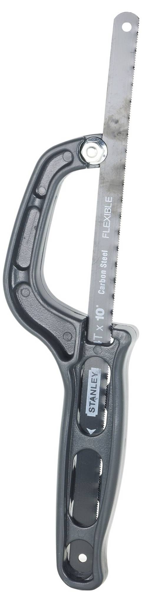 Metal hacksaw with ergonomic handle and fine saw blade, suitable for precision cutting of metal pipes and sheets.