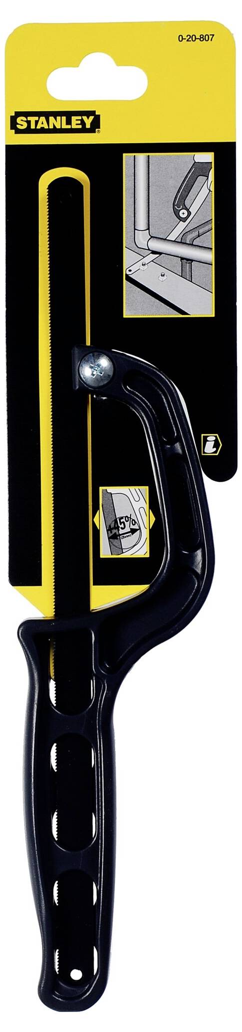 Stanley handsaw in packaging, with black handle and compact design, suitable for metal cutting.