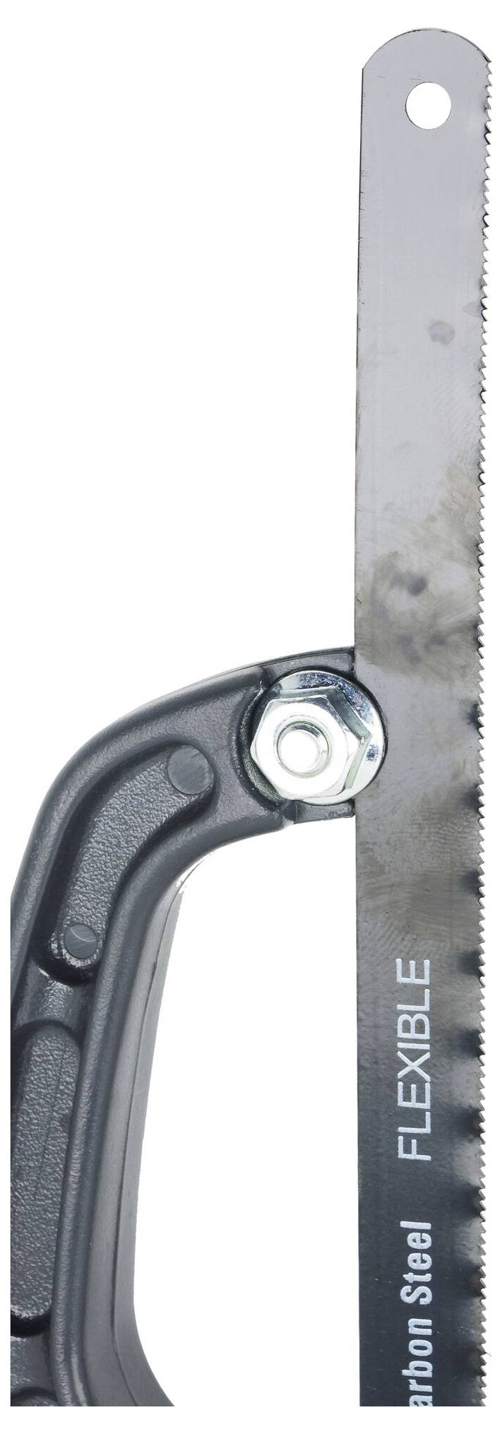 Part of a metal hacksaw frame with a flexible carbon steel saw blade, detailed and visible.