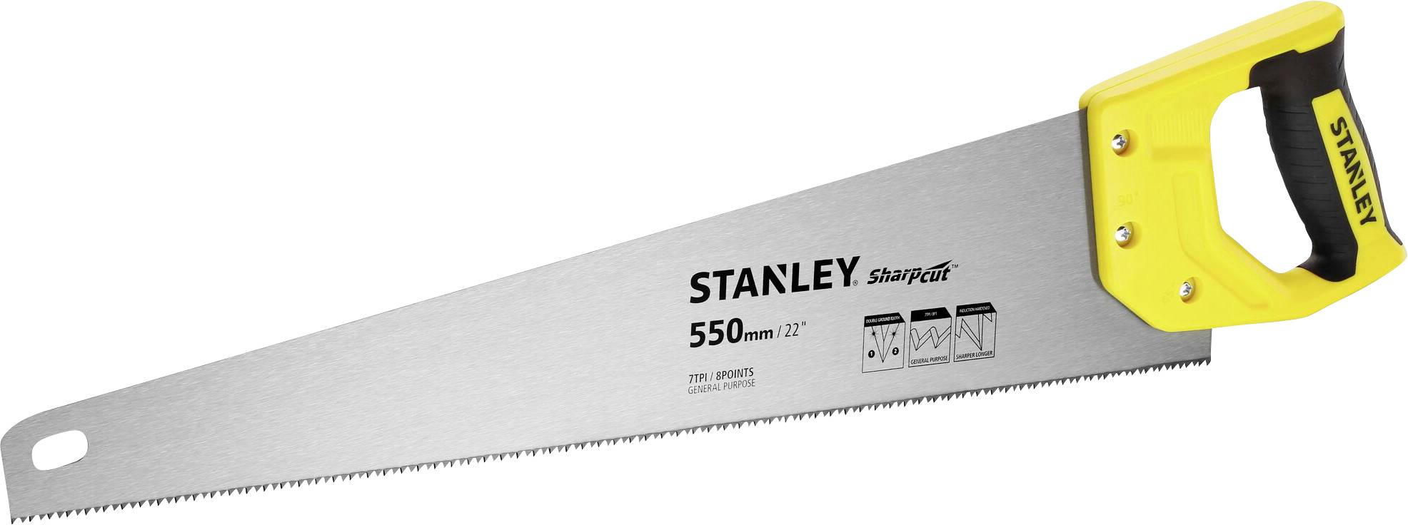 Handsaw with a yellow handle, inscribed 'Stanley SharpCut, 550 mm, 22 inches'. Suitable for woodworking.